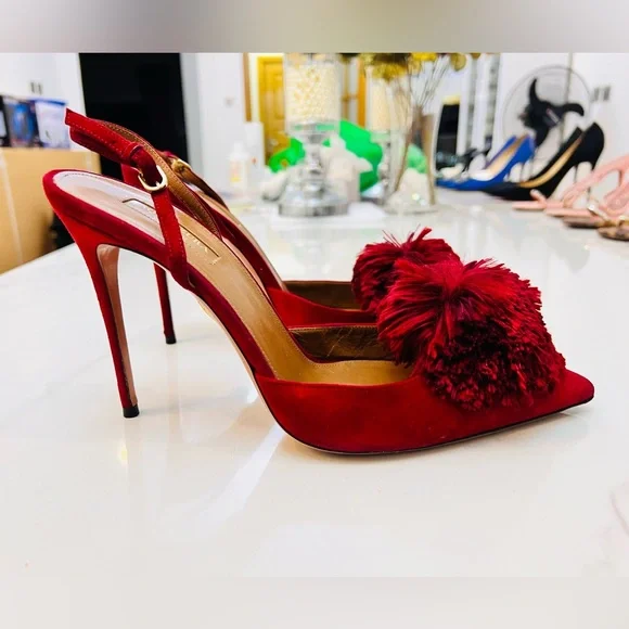 Aquazzura Red Pom Pom Heels - Picture 14 of 14